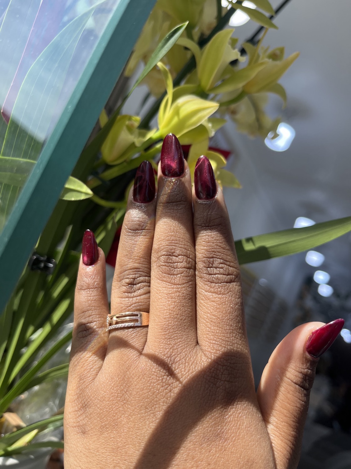 Deep burgundy cat-eye gel nails with a shimmering magnetic streak, done at Gloss&Glow Nails Barking